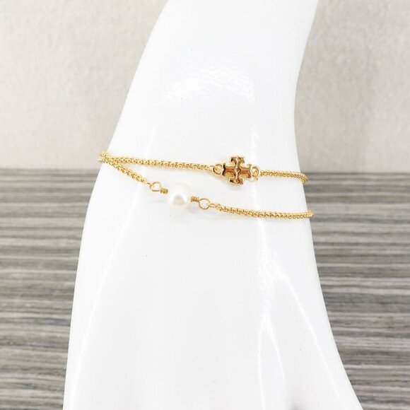Tory Burch Logo Pearl Slider Adjustable Bracelet Gold OS - Picture 5 of 12